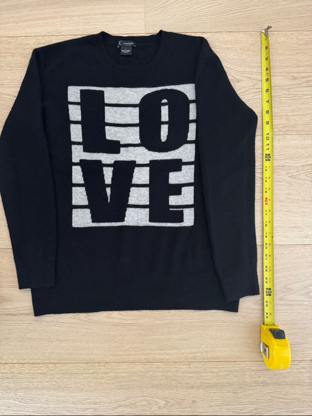 Bloomingdale's Black Crewneck Sweater with Grey LOVE Graphic.100% 2-Ply Cashmere